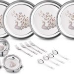 Classic Essentials Pack Of 24 Stainless Steel Dinner Set|Serves 4 People|Heavy Gauge|Kitchen Set|Permanent Laser-Peacock Dinner Set(Steel)