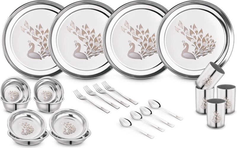 Classic Essentials Pack Of 24 Stainless Steel Dinner Set|Serves 4 People|Heavy Gauge|Kitchen Set|Permanent Laser-Peacock Dinner Set(Steel)