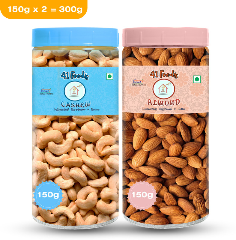 41 Foods Dry Fruits Combo Pack Of Cashews Almonds | Badam Kaju (150X2) 300 Gm Almonds, Cashews(2 X 150 G)