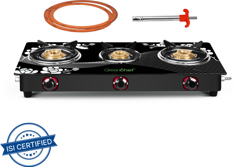 Greenchef Blossom 3Br ( Hose Pipe + Lighter ) Glass Manual Gas Stove(3 Burners)