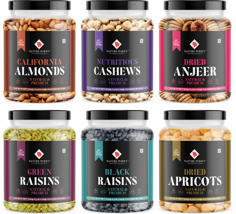 Nature Purify Dry Fruits Combo Pack 1.5Kg (250G Each All Premium) Almonds, Cashews, Figs, Apricots, Raisins(6 X 0.25 Kg)