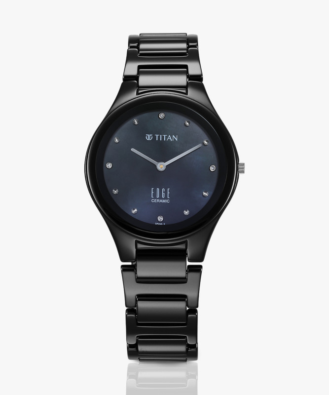 Titan Edge Ceramic Quartz In Glossy Black With Diamonds And Rich Mother Of Pearl Dial Analog Watch  – For Women