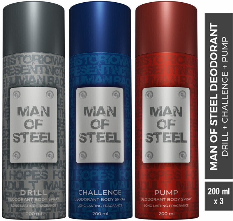 Denver Combo Of Man Of Steel Drill + Challenge + Pump Long Lasting Deodorant Spray – For Men(600 Ml, Pack Of 3)