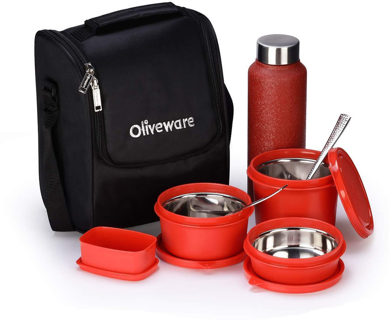 Oliveware Teso Pro Lunch Box | 3 Stainless Steel Containers | Plastic Pickle Box | Steel Spoon & Fork | Insulated Fabric Bag | Leak Proof | Microwave Safe | Full Meal | Easy To Carry | Black 4 Containers Lunch Box(1470 Ml, Thermoware)