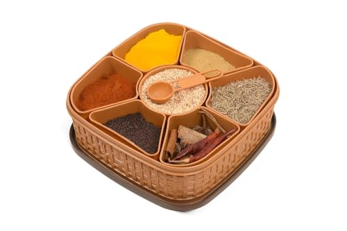 Stewit Plastic Square 7 Sections Multipurpose Masala Rangoli Dabba Box Set, Spice Box Set – Brown (Masala Box – 7 In 1)