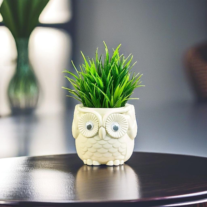 Akaar Artificial Fern Plant With Hard Plastic Owl Pot For Home Decor | Office Decor Artificial Plant  With Pot(20 Cm, Beige)