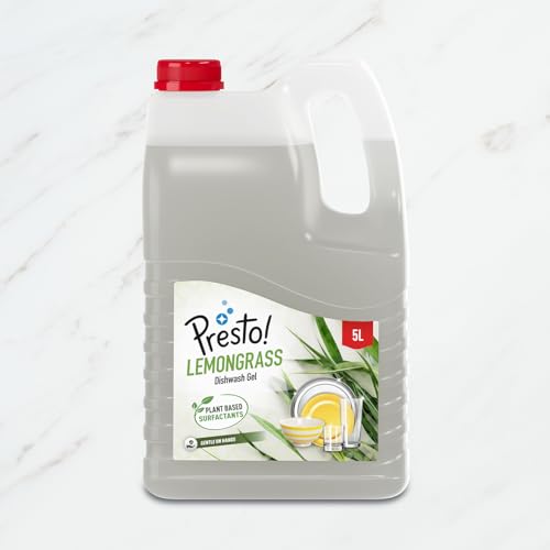Amazon Brand – Presto! Dishwash Gel | Lemongrass | 5 Litre | Plant Based And Ecofriendly Surfactant | Leaves No Residue And Foul Smell | Grease Cleaner For All Utensils