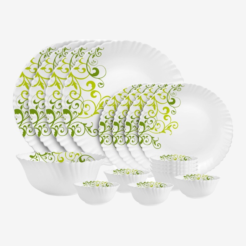 Cello Pack Of 17 Opalware Dazzle Opalware Oleander Dinner Set | Crockery Set | Green Dinner Set(Green, Microwave Safe)