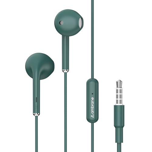 Ambrane Wired In Ear Earphones With In-Line Mic For Clear Calling, 14Mm Dynamic Drivers For Boostedbass, 3.5Mm Jack, Multi-Functional Controller (Stringz 38 Lite, Green)