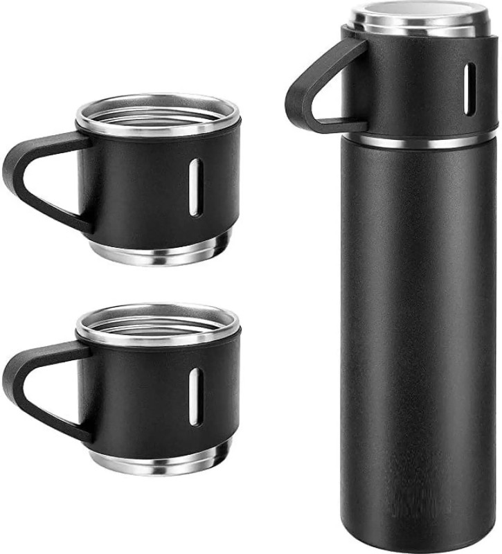 Urbanhuda Vacuum Insulated Flask Set 3Cup Set For Hot & Cold Drink (Giftset Black) 500 Ml Flask(Pack Of 1, Black, Steel)