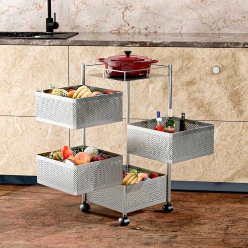 Kitchenstory Storage Rack | 360° Revolving Vegetable Kitchen Rack | Square Multipurpose Storage Trolley With Wheels | Metal Fruit Storage Rack | Kitchen Cabinet Spice Rack (Silver, 4 Layer)