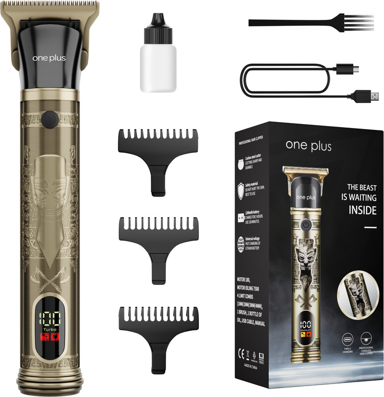 One Plus Op 818 Cordless Professional Metal Body,Led Display With Turbo Mode Hair Trimmer 120 Min Runtime 4 Length Settings(Gold)