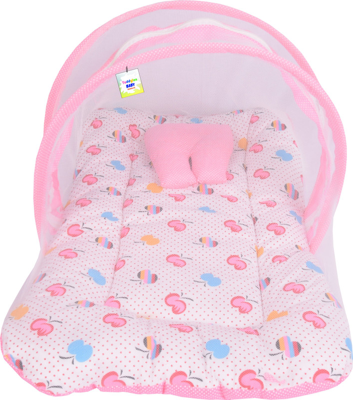 Toddylon Cotton Baby Bed Sized Bedding Set(Pink, 1 Baby Mosquito Netbed, 1 Cushioned Pillow)