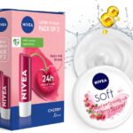 Nivea Cherry Fruity Shine Lipbalm + Soft Light Moisturizing Cream Berry Blossom Cherry/Berry(Pack Of: 3, 209.6 G)