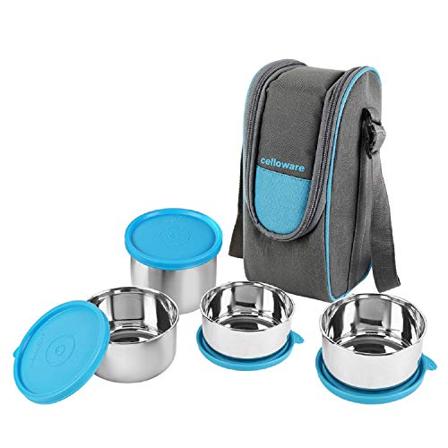 Cello Steelox Stainless Steel Lunch Box Set Of 4 With Bag (Capacities – 225Ml, 375Ml X 2, 550Ml), Blue | Tiffin Box With Jacket | Leakproof | Easy To Carry | Ideal For Office, School, College