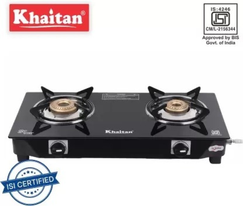 Khaitan 2 Burner Auto Bp Nano Premium Ms Black Glass Automatic Gas Stove(2 Burners)