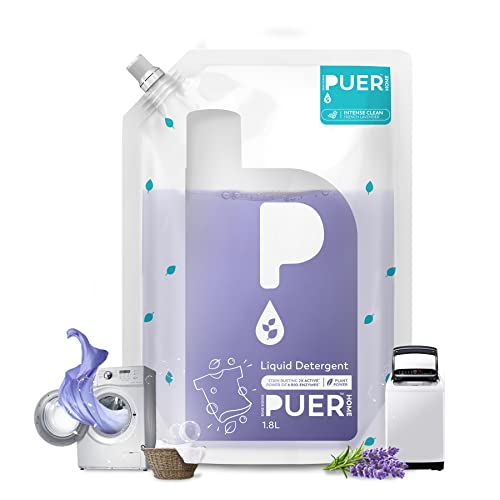 Puer Natural Laundry Liquid Detergent 1.8L Refill Pouch For Front Load & Top Load Washing Machine | Tough Stain Remover With Color-Safe Eco Friendly Bleach Free Formula With French Lavender Freshness