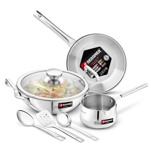 Bergner Tripro 7 Pcs Triply Stainless Steel Induction Bottom Cookware Set, 22Cm (2L) Kadai, 22Cm (1L) Frypan With Dome Shaped Common Glass Lid, 12Cm (0.9L) Coffee Warmer, Ladle, Serving Spoon, Turner