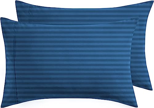 Bsb Home® 220 Tc Premium Glace Cotton Solid Striped Pillow Covers | Ultrasoft Breathable Envelope Closure| Pack Of 2 Pillow Covers King Size (Blue, 20 X 30 Inches)