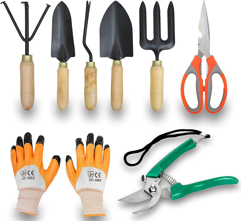 Jetfire Gardening Set Of 5 With Scissor, Prune Gloves (Wooden) Garden Tool Kit(8 Tools)