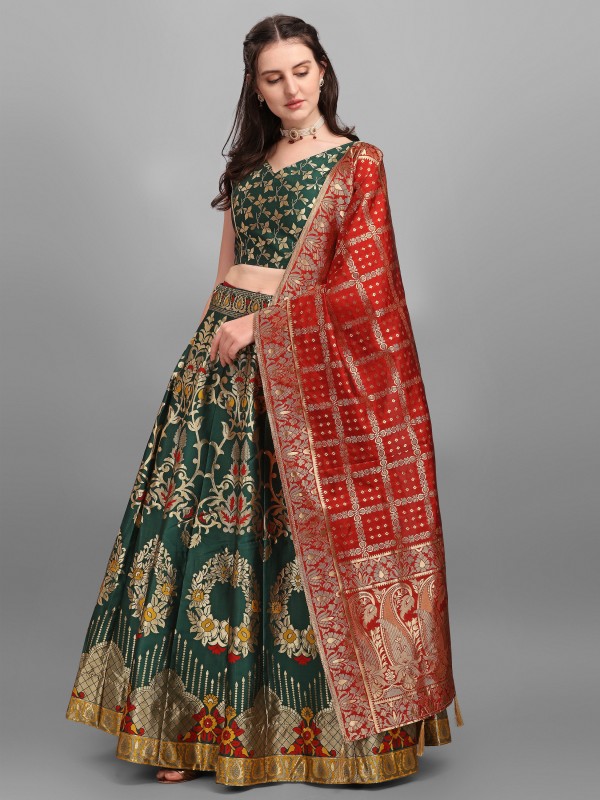 Purvaja Solid Semi Stitched Lehenga Choli(Dark Green)