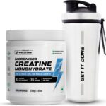 Wellcore Micronised Creatine Monohydrate + Steel Shaker | Trustified Certified Creatine(250 G, Uf)