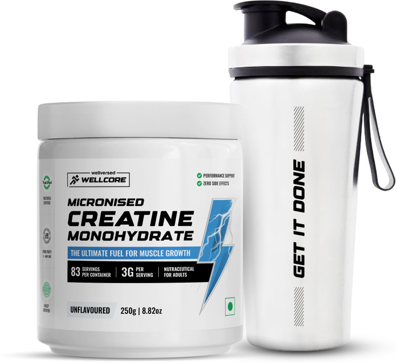 Wellcore Micronised Creatine Monohydrate + Steel Shaker | Trustified Certified Creatine(250 G, Uf)