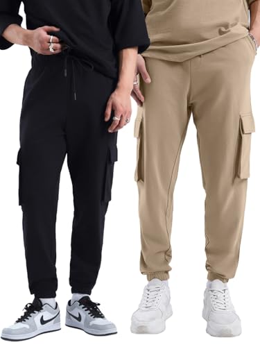 Bewakoof Air 1.0 Men’S Solid Oversized Fit Terry Cargo Joggers(Pack Of 2)_A4-552880-552891_Black & Brown_L