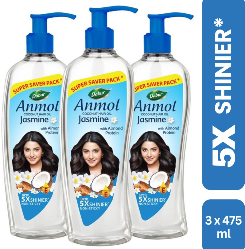 Dabur Jasmine Coconut Oil -475Ml X Pack Of 3 |Nariyal Tel |Vitamin E |Non-Sticky Hair Oil(1425 Ml)