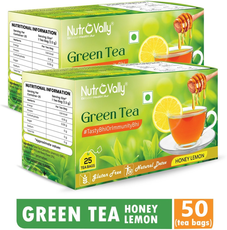 Nutrovally Honey For Weight Loss With Premium Tea Leaves Honey, Lemon Green Tea Bags Box(2 X 25 Bags)