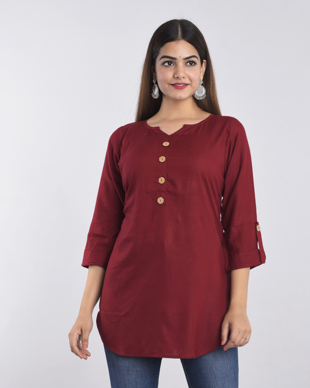 Vastranikhar Casual Roll-Up Sleeve Solid Women Maroon Top