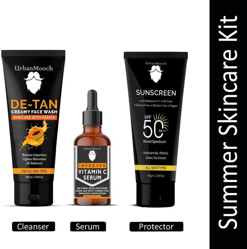 Urbanmooch Summer Skin Care Kit, Routine Kit For Unisex, Detan Face Wash, Vitamin C Serum & Sunscreen Spf50 Pa+++(3 Items In The Set)
