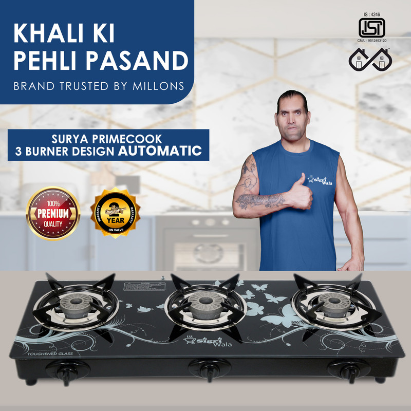Sigri-Wala Surya Primecook Automatic Design Roy Glass Automatic Gas Stove(3 Burners)