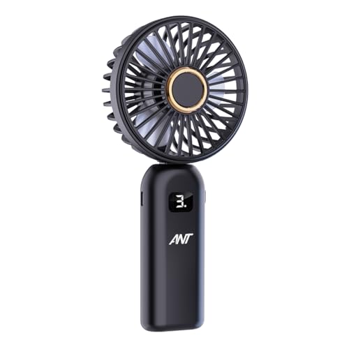Ant Turbo10 Mini Portable Handheld Fan Quite Powerful Built In Rechargeable Battery-Operated Fan With Mobile Holder Digital Display 3 Speeds 90°Adjustable Personal Small Hand Fan Travel Makeup_Black