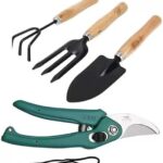 Growtop Gardening Tools Flower Cutter|Garden Cutter/Pruner|Garden Tool Set| Wooden Handle| Hand Cultivator|Trowel|Garden Fork (Set Of 4)