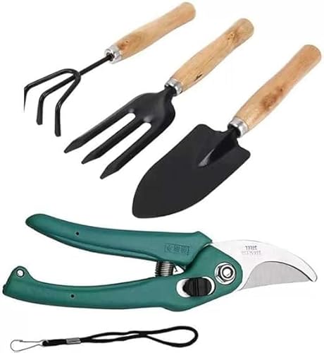 Growtop Gardening Tools Flower Cutter|Garden Cutter/Pruner|Garden Tool Set| Wooden Handle| Hand Cultivator|Trowel|Garden Fork (Set Of 4)