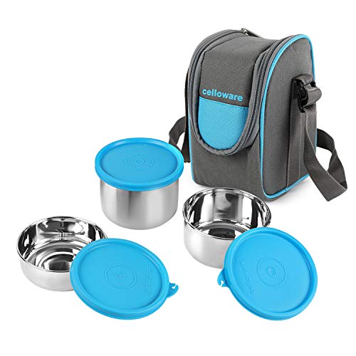 Cello Steelox Stainless Steel Lunch Box Set Of 3 With Bag (Capacities – 225Ml, 375Ml, 550Ml), Blue | Tiffin Box With Jacket | Leakproof | Easy To Carry | Ideal For Office, School, College