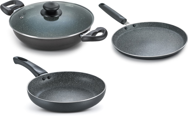 Prestige Omega Deluxe Granite Alpha 3Pcs Byk-Kadai 24Cm Glass Lid+Tawa 28Cm+Fry Pan 24Cm Induction Bottom Non-Stick Coated Cookware Set(Aluminium, 1 – Piece)