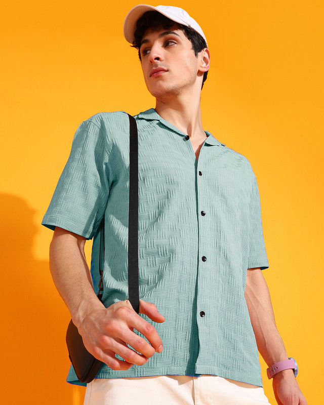 Indiclub Men Self Design Casual Light Green Shirt