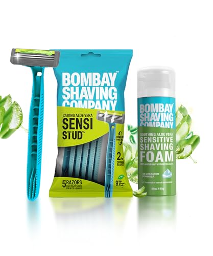 Bombay Shaving Company Sensi Stud Disposable Razor (Pack Of 5) And Charcoal Shaving Foam Combo | Shaving Cream For Men Offers | All Skin Type Saving Cream Best