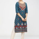 Ketch Women Printed Straight Kurta(Light Blue)