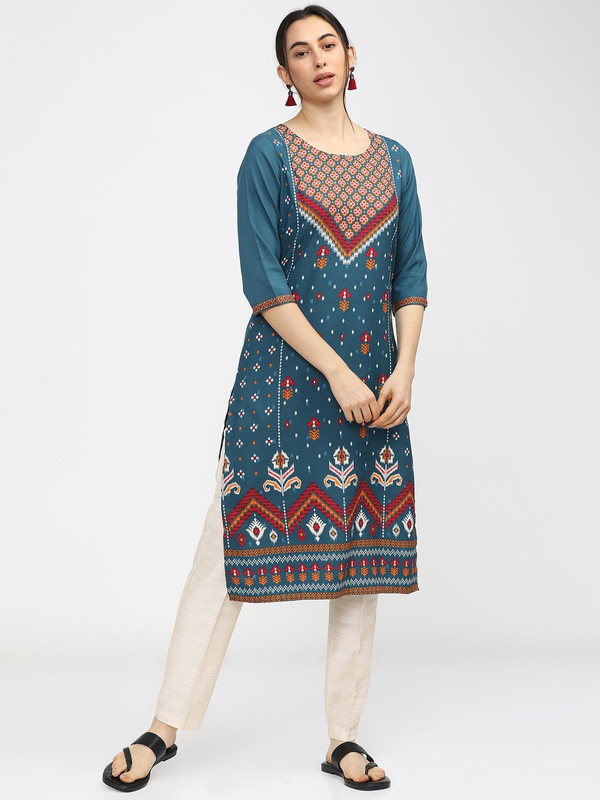 Ketch Women Printed Straight Kurta(Light Blue)