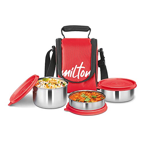 Milton Tasty 4 Lunch Box With Insulated Fabric Jacket, 4 Stainless Steel Containers (200 Ml, 320 Ml, 500 Ml), Leak-Proof Tiffin For Office, College, Picnic, Red