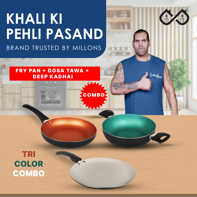 Sigriwala Tri-Color Combo Set : Tawa, Frying Pan, & Kadhai Aluminium Non-Stick Coated Cookware Set(Aluminium, 3 – Piece)