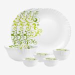 Cello Pack Of 10 Opalware Dazzle Opalware Oleander Dinner Set | Crockery Set |Green Dinner Set(Green, Microwave Safe)