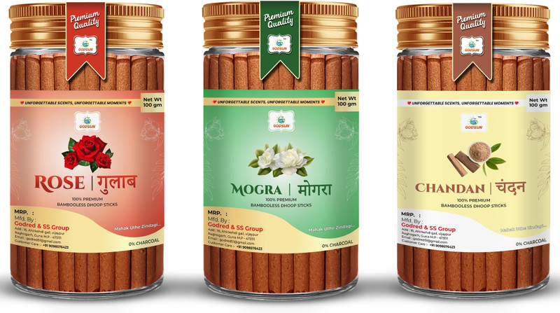 Godsun Premium Rose, Mogra, Chandan, Dry Dhoop Sticks Jar (3×100)300Gm Dhoop Batti Dhoop(Pack Of 3)