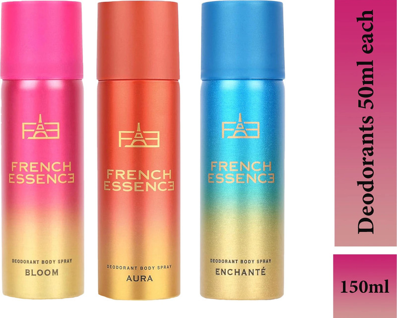 French Essence Combi Pack Of Bloom,Aura And Enchante (50Ml Each) Deodorant Spray  –  For Women(150 Ml, Pack Of 3)