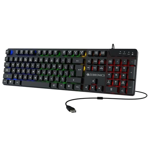 Zebronics War-K Gaming Keyboard With 104 Keys,Multi Color Led,1.8M Braided Cable, Gold Plated Usb,Laser Keycaps, Anti-Ghosting 19 Keys,2 Step Stand,12 Integrated Multimedia Keys (Black)