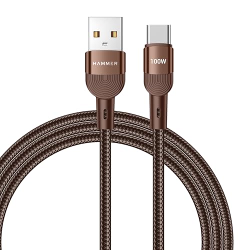 Hammer 100W 5A Usb To Type-C For Oneplus With Warp/Vooc/Flash Support, Super Fast Charging Cable,1.2M Nylon Braided,Tangle Free,480Mbps Data Transfer, Supports Oppo (Brown)