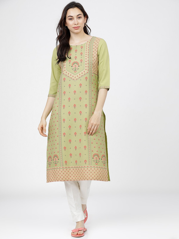 Ketch Women Floral Print Straight Kurta(Green)